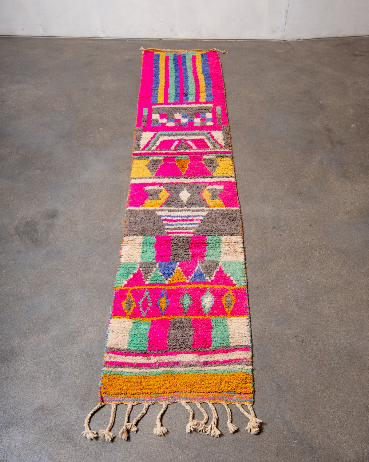 Modern, designer, handcrafted Berber runner rug from Morocco. Vintage carpet with beautiful colours and patterns and fluffy texture.
